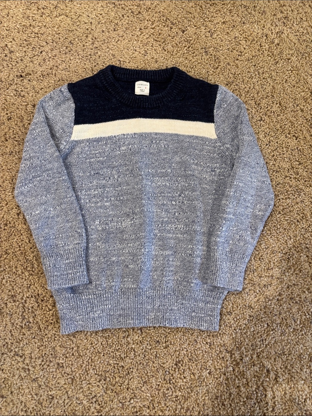 Crewcuts Light Blue Marled Sweater with Navy Yoke and White Band, size 2